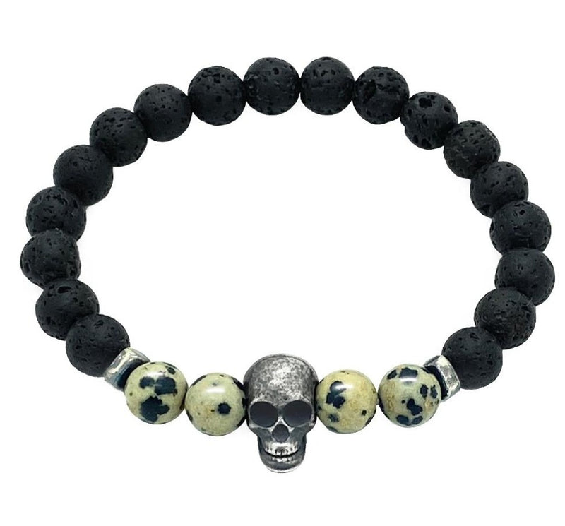 Dalmatian & Lava Stones Silver Skull Bracelet 
