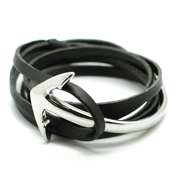 White Anchor black leather bracelet